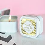 Personalized Metallic Foil Square Candle Tins - Wedding