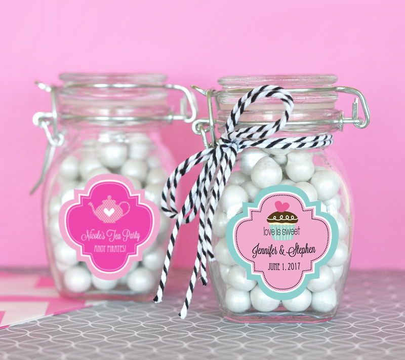 Personalised Pink Candy Wedding Favour in Glass Jar With Pink 