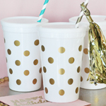 White & Gold Polka Dot Party Cups w/Lids (set of 25)
