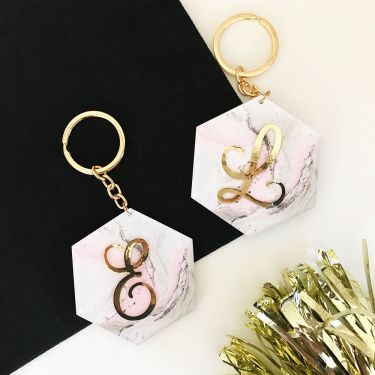 Script Monogram Pink Marble Keychain