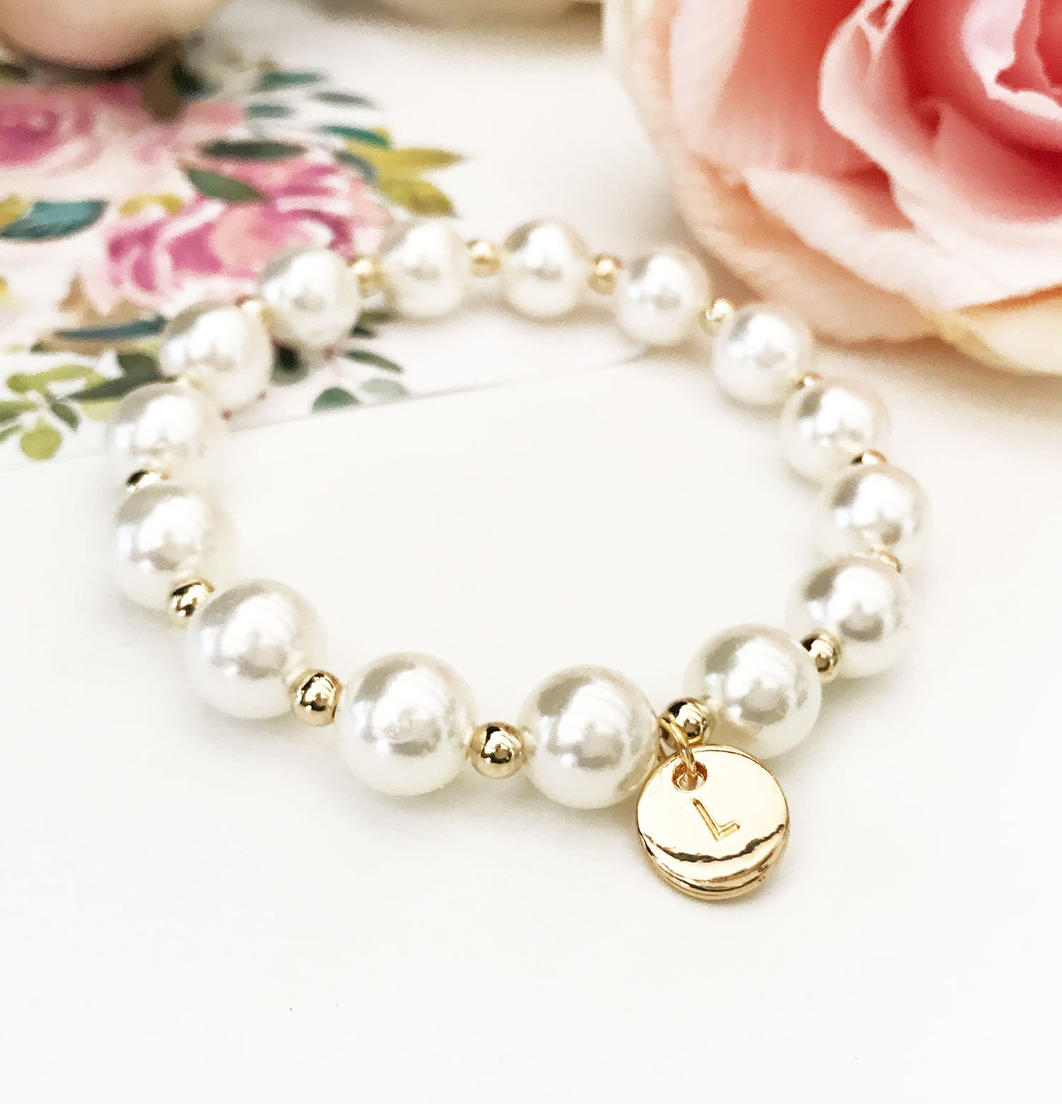 Whole Wedding Favors Party By Event Blossom S S Monogram Charm Pearl Bracelet